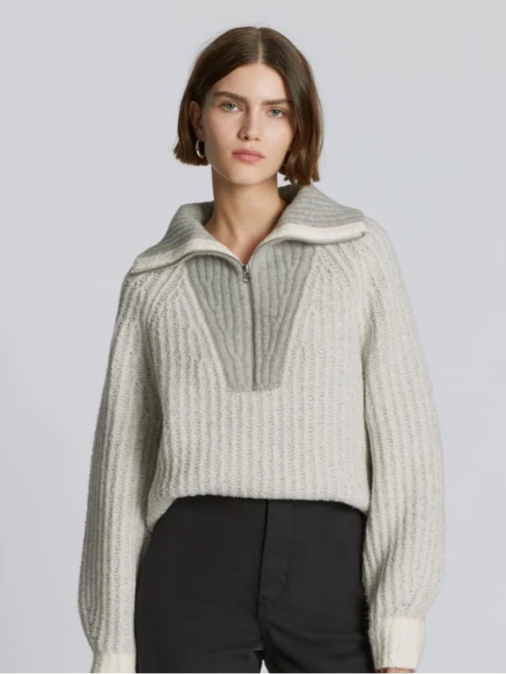 Everlane Light Gray Ribbed Half-Zip Funnel Sweater